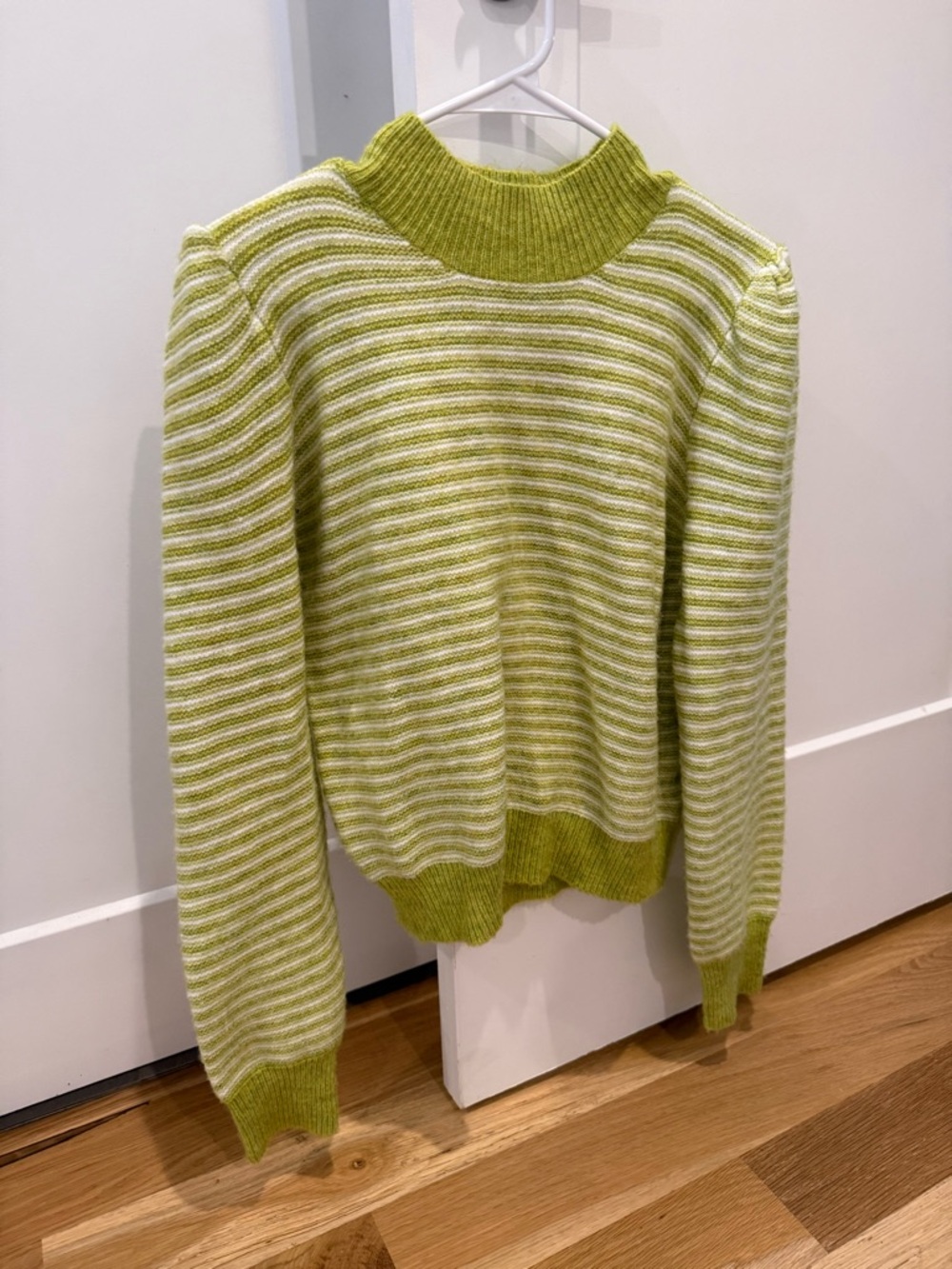 Fabrik Striped Green and White Mock Neck Women's Sweater